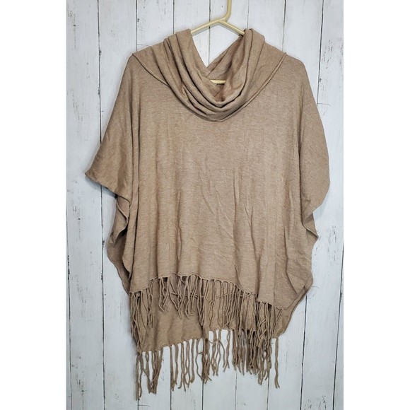 Love Stitch Women's Cowl Neck Poncho One Size Tan Fringe Detail Open Sides Boho - Picture 1 of 11